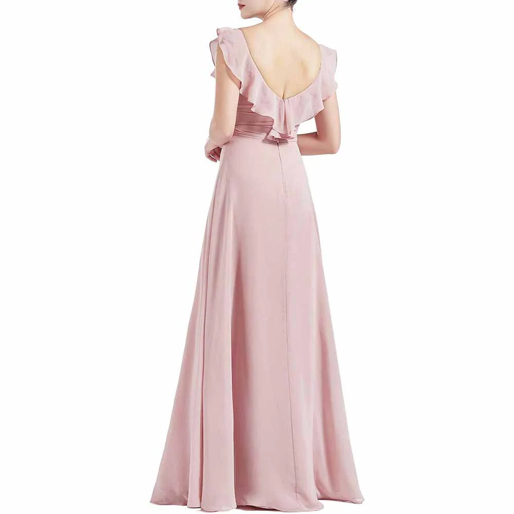 V Neck Ruffle Cap Sleeve Empire Waist Long Bridesmaid Dresses