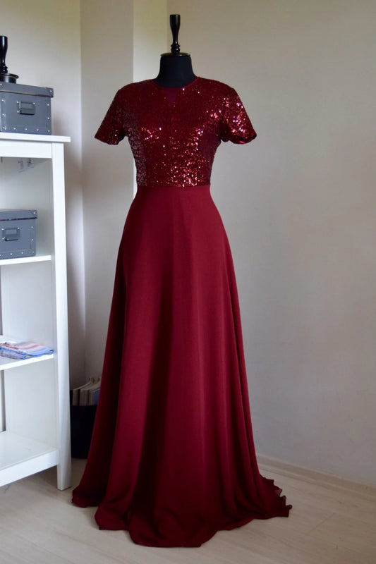 Handmade Burgundy Chiffon Sequin Bridesmaid Dress Short Sleeve Full Length Sequin Mother Of Bride Dress