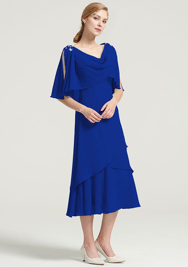 Tea-Length Chiffon Mother of the Bride Dress With Side Draping Crystal Detailing Ruffles