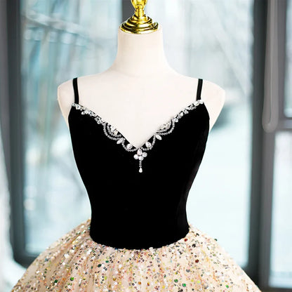 Sequins/Sparkling Light Champagne Beaded V-neckline Ballgown Straps Long Prom Dress