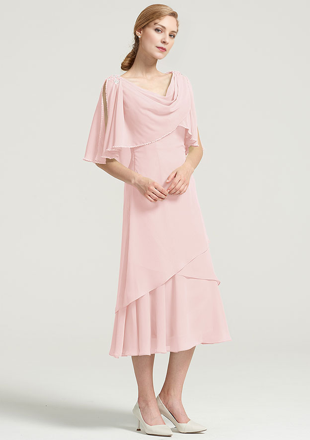 Tea-Length Chiffon Mother of the Bride Dress With Side Draping Crystal Detailing Ruffles