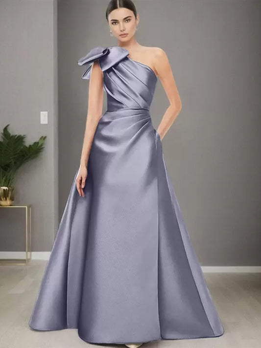 One-Shoulder Sleeveless A-Line Bows Mother of the Bride Dresse Floor-Length Wedding Guest Dresses