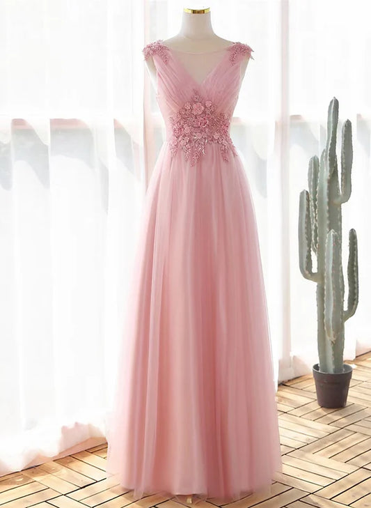 A-Line Princess Pink Tulle V-neckline with Lace Long Party Dress Prom Dress