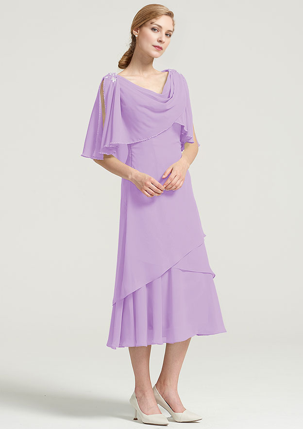 Tea-Length Chiffon Mother of the Bride Dress With Side Draping Crystal Detailing Ruffles