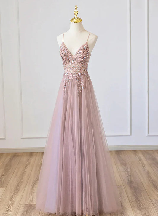 Pink V-neckline Beaded Spaghetti Strap Floor Length Party Dress Long Formal Dress