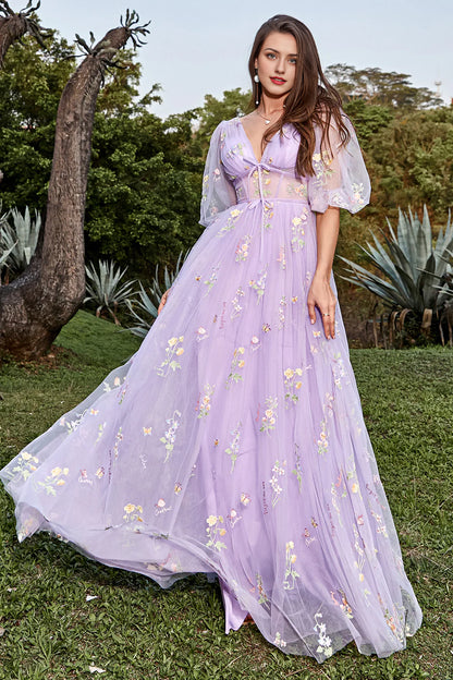 A-Line V-Neck Embroidery Lavender Long Prom Dress with Short Sleeves