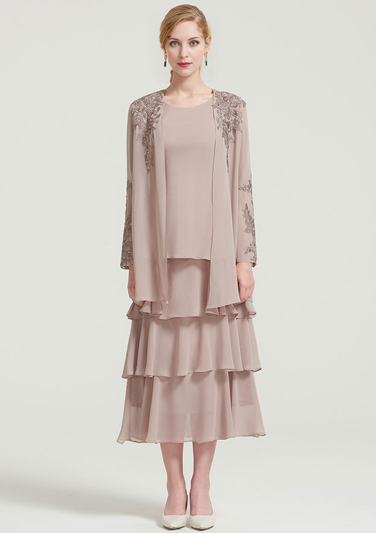 Scoop Neck Sleeveless Tea-Length Chiffon Mother of the Bride Dress With Jacket Ruffles Appliqued