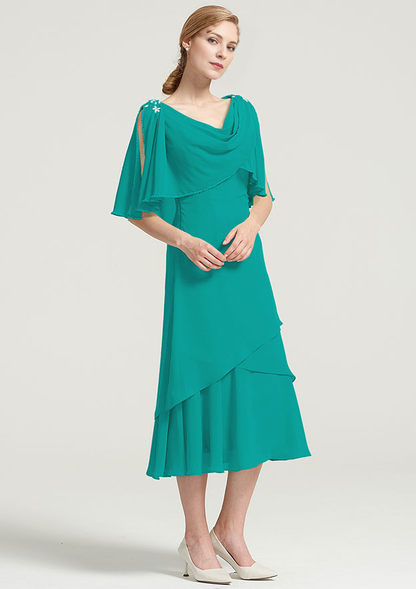 Tea-Length Chiffon Mother of the Bride Dress With Side Draping Crystal Detailing Ruffles