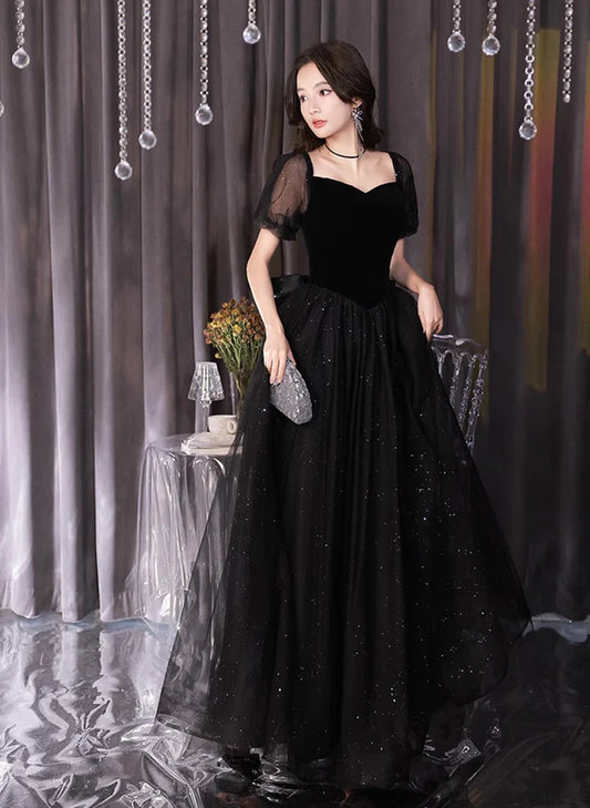 A-line Glitter Black Tulle and Velvet Bubble Sleeved Ballgown Prom Dress Evening Dress