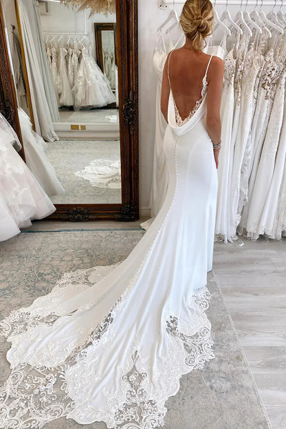 Charming Mermaid V Neck White Satin Wedding Dresses