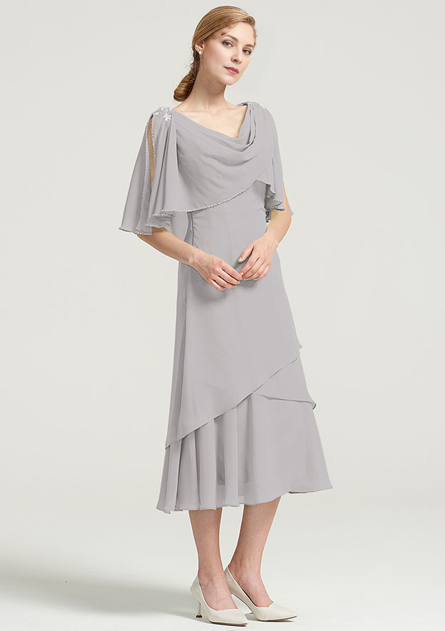 Tea-Length Chiffon Mother of the Bride Dress With Side Draping Crystal Detailing Ruffles