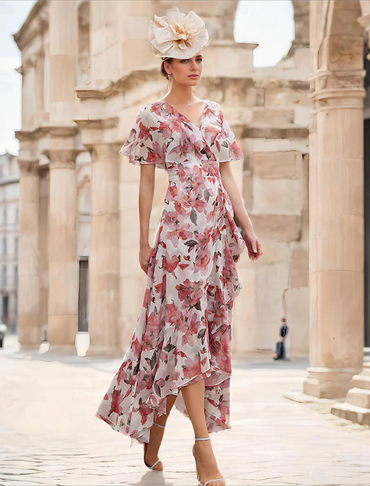 A-Line Wedding Guest Dress Elegant Floral Dress Casual High Low V Neck Asymmetrical Ankle Length Chiffon Short Sleeve with Cascading Ruffles