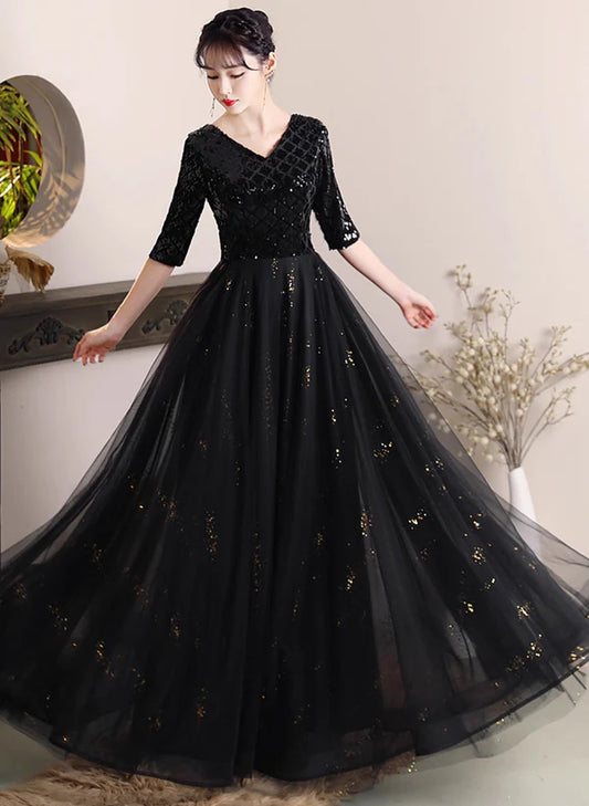 Black A-line V-Neck Sequins and Tulle Long Formal Dress Wedding Party Dress