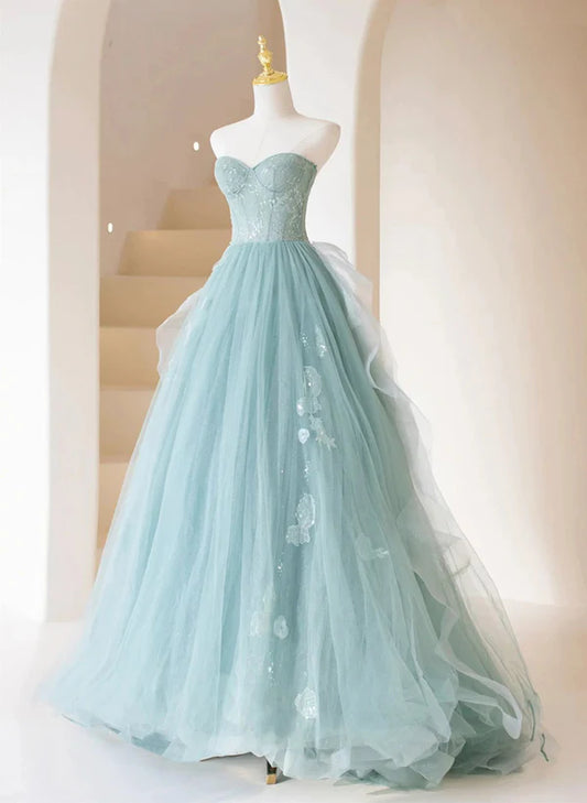 A-line Tulle Strapless Long Prom Dress Tulle Formal Evening Dress