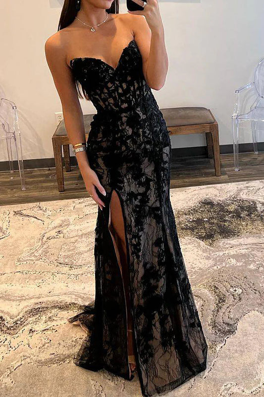 Mermaid Sweetheart Black Floor-length Corset Prom Dress Appliques With Slit