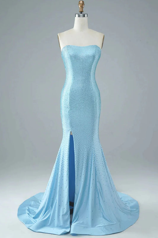 Sexy Tight Strapless Light Blue Slit Dress Long Prom Dress With Sweep Train