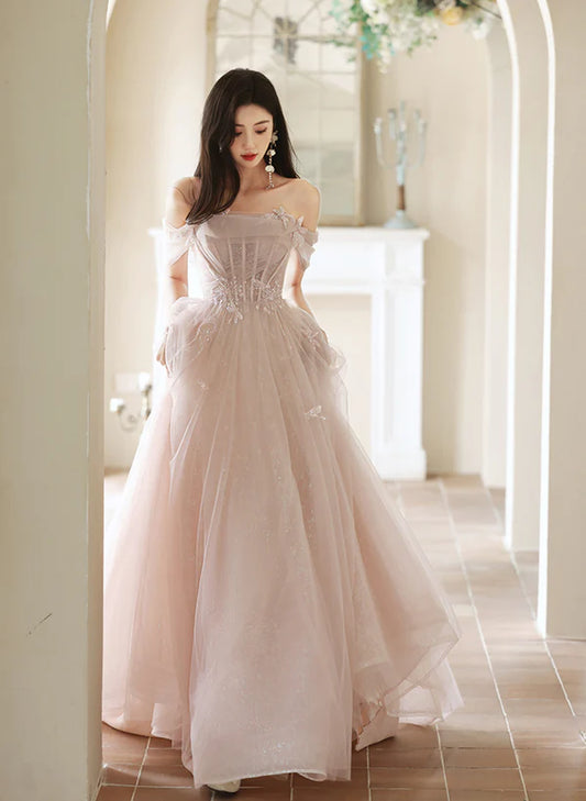 A-Line Princess Pink Off Shoulder Tulle Long Formal Off Shoulder Pink Long Prom Dress