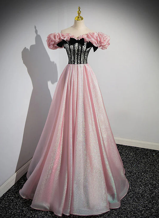 Elegant A-line Pink Off Shoulder Long Evening Dress Pink with Black Lace Long Prom Dress