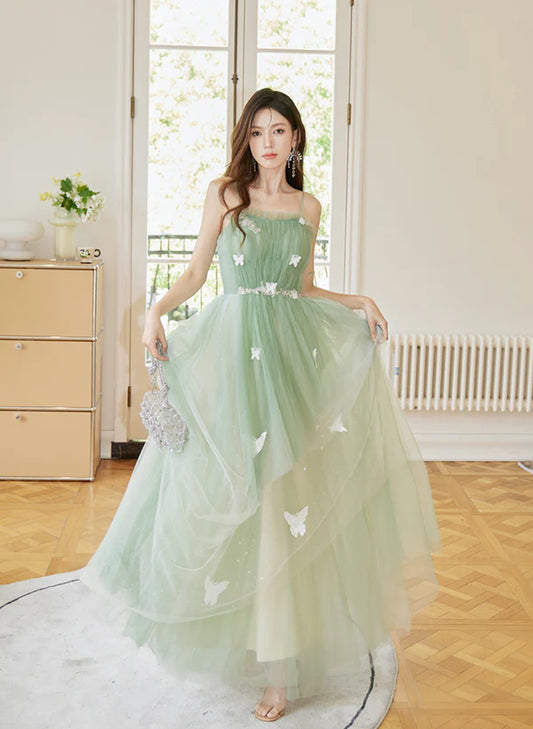 Light Green Tulle Spaghetti Strap Long Prom Dress Light Green A-line Party Dress