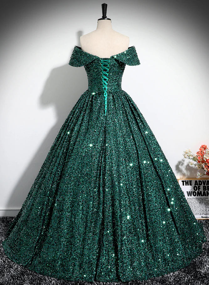 A-Line Princess Glitter Dark Green Sequins Off Shoulder Ball Gown Prom Dress Formal Dress