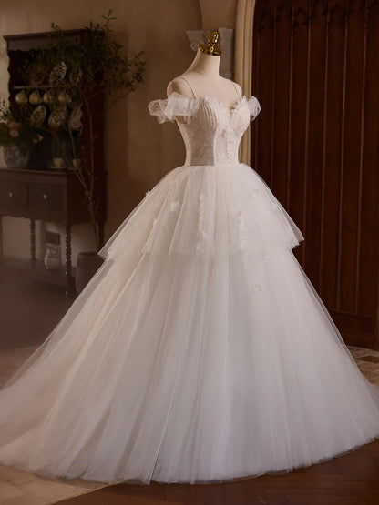 A-Line Sweetheart Neck Tulle Lace Long Prom Dress Bride Gown