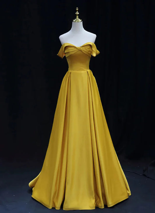 Yellow A-line Simple Satin Off Shoulder Prom Dress Formal Dress