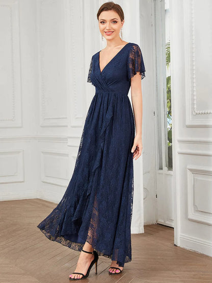 V-Neck Short Sleeve Pleated Ruffled Lace Evening Dress