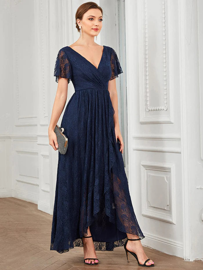 V-Neck Short Sleeve Pleated Ruffled Lace Evening Dress