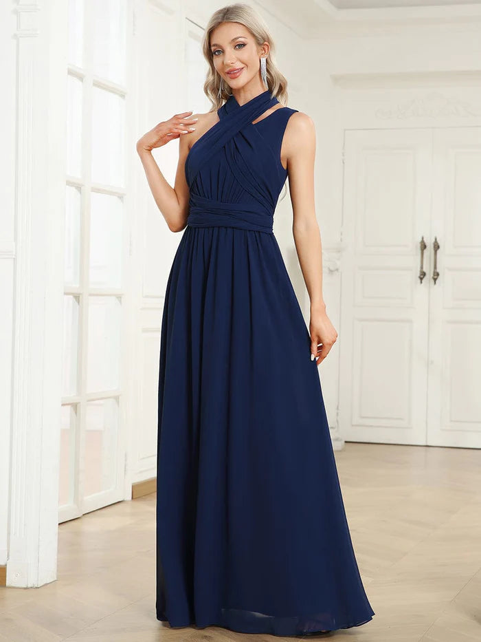 Chiffon One Shoulder Asymmetrical Embellished Waist Multiway Evening Dress