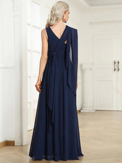 Chiffon One Shoulder Asymmetrical Embellished Waist Multiway Evening Dress