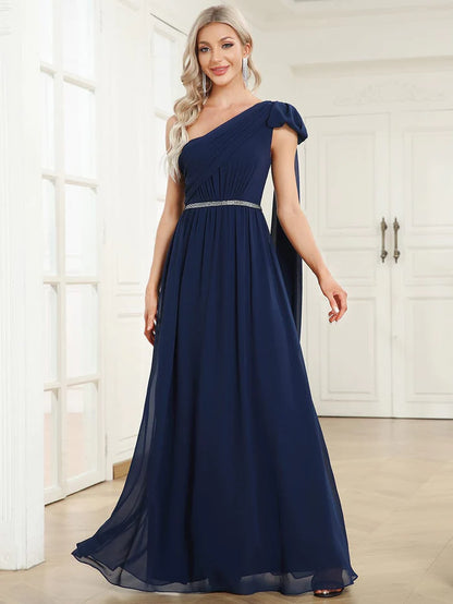 Chiffon One Shoulder Asymmetrical Embellished Waist Multiway Evening Dress