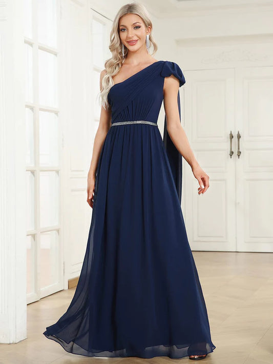 Chiffon One Shoulder Asymmetrical Embellished Waist Multiway Evening Dress