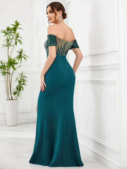 Off-Shoulder Sequin Bodycon High Front Slit Evening Dress