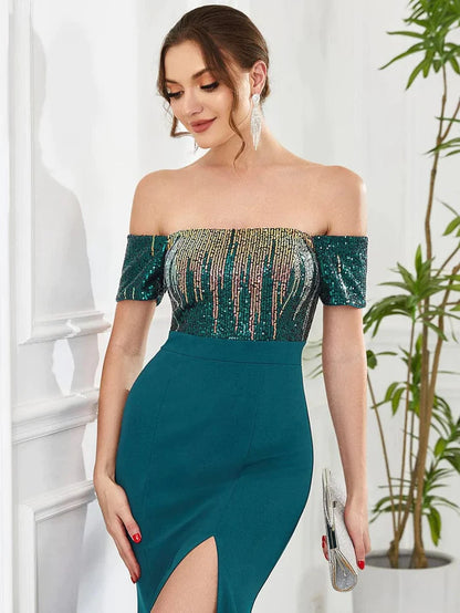 Off-Shoulder Sequin Bodycon High Front Slit Evening Dress