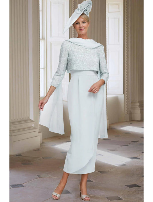 Two Piece Sheath / Column Mother of the Bride Dress Elegant Jewel Neck Tea Length Chiffon 3/4 Length Sleeve