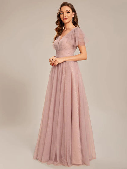 Custom Size Ruffled Sleeves Deep V-neck A-line Tulle Prom Dress