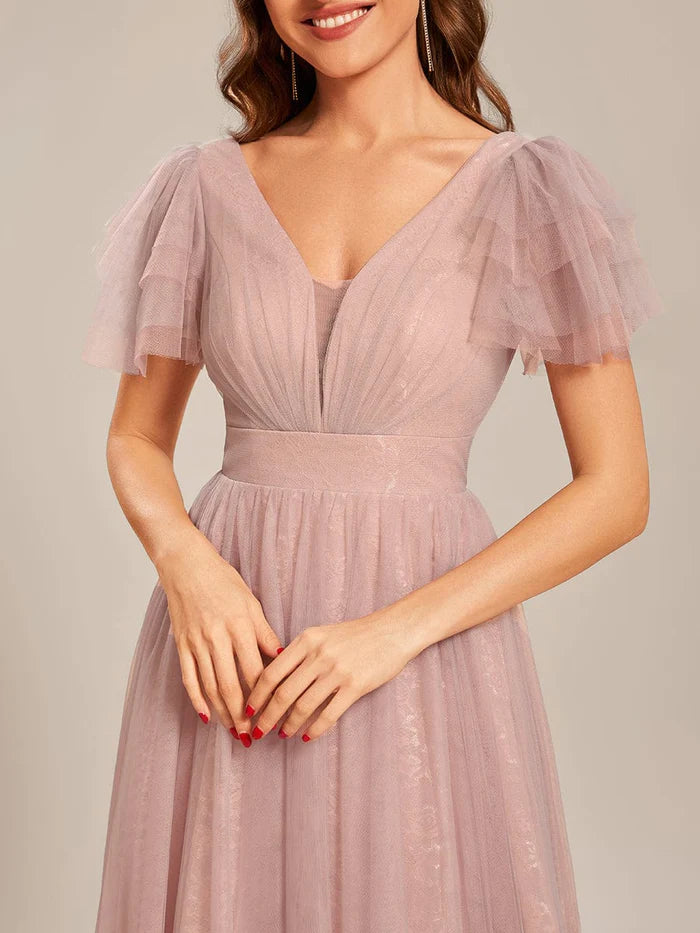 Custom Size Ruffled Sleeves Deep V-neck A-line Tulle Prom Dress