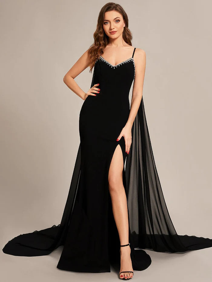 Custom Size Chiffon Streamer Spaghetti Strap High Slit Mermaid Prom Dresses