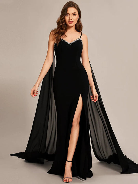 Custom Size Chiffon Streamer Spaghetti Strap High Slit Mermaid Prom Dresses