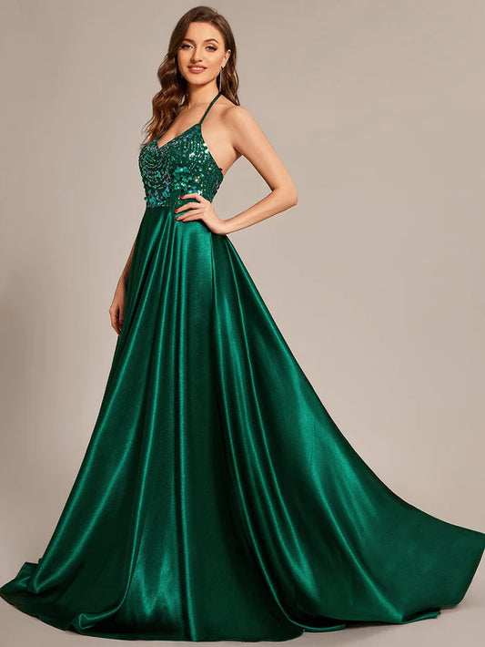 Custom Size V-neck Sequined halter Floor-length Satin Prom Dress