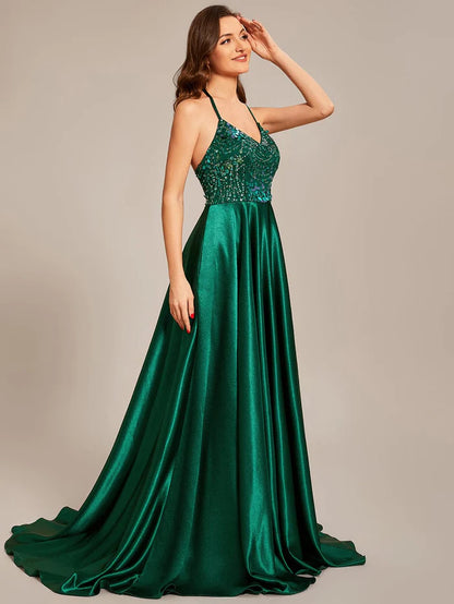 Custom Size V-neck Sequined halter Floor-length Satin Prom Dress