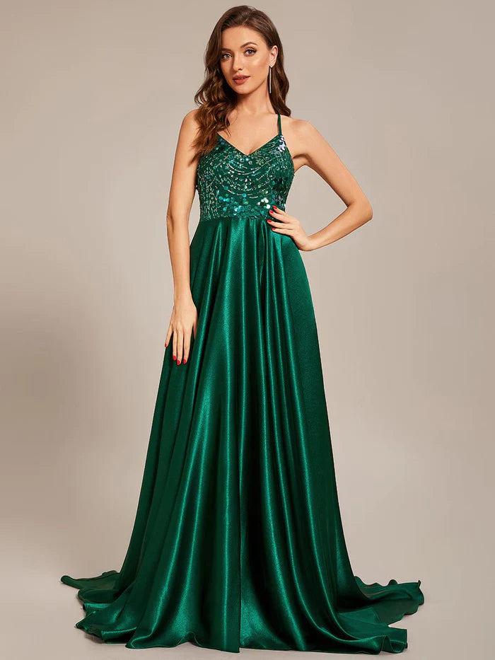 Custom Size V-neck Sequined halter Floor-length Satin Prom Dress