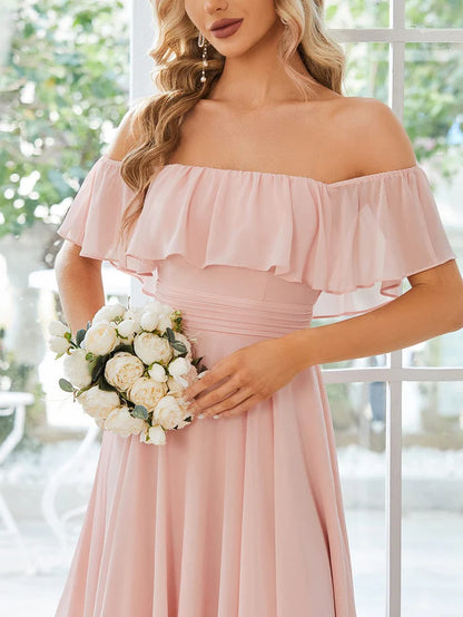 Flowy Off-The-Shoulder Bridesmaid Dress with Asymmetrical Hemline