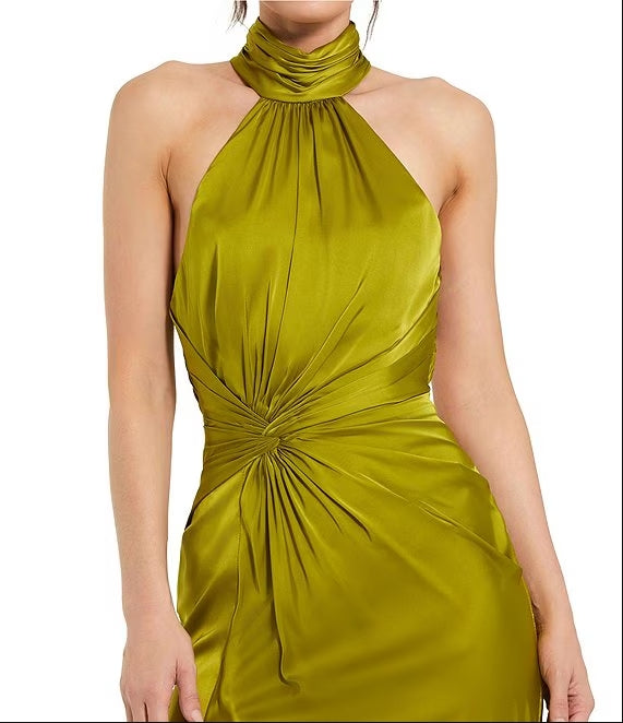 Satin Halter Mock Neck Sleeveless Side Ruched Gown Backless Evening Dresses