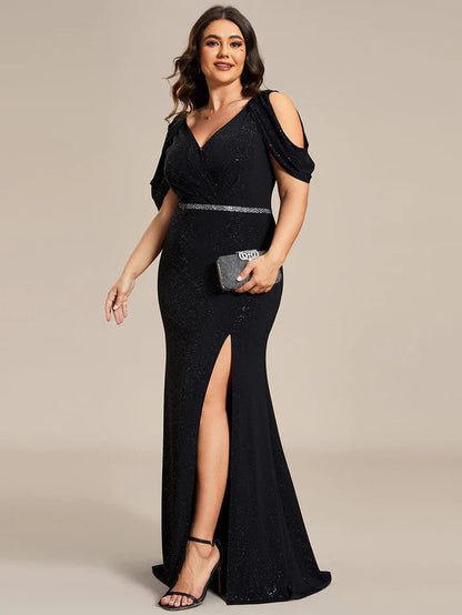 Plus Size Sparkly Glitter Cold Shoulder Shiny Belt Backless Evening Dress