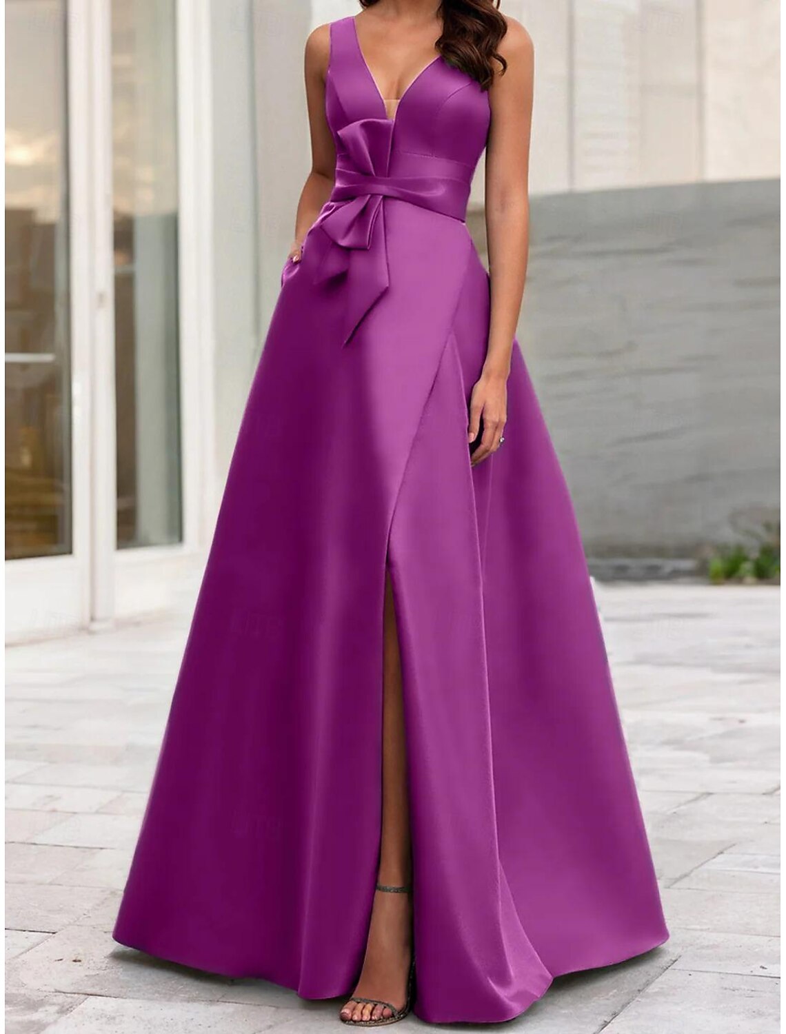 A-Line Evening Gown High Split Dress Formal Masquerade Floor Length Sleeveless V Neck Belt / Sash Satin with Bow(s) Slit