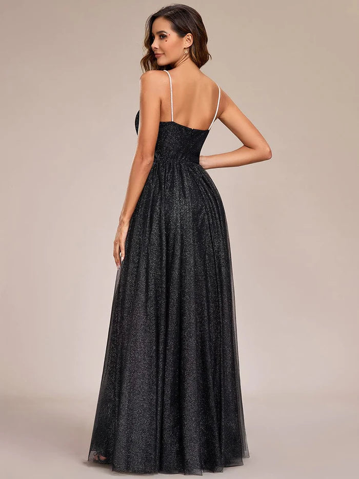 Koutun Glittering Spaghetti Straps Open Back A-Line Evening Dress