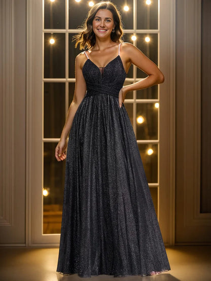 Koutun Glittering Spaghetti Straps Open Back A-Line Evening Dress