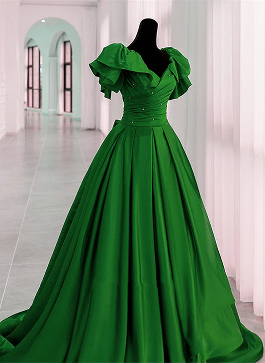 Green Satin Off Shoulder Long Party Dress A-line Green Prom Dress Ballgown