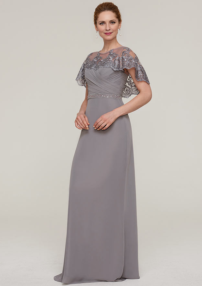 Sheath/Column Bateau Short Sleeve Long/Floor-Length Chiffon Mother of the Bride Dresses With Beading Appliqued